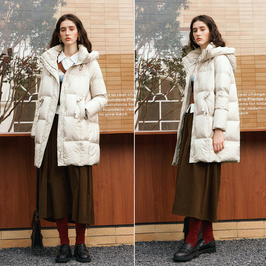 OLrain欧芮儿杏色连帽羽绒服女冬季2024年新款通勤百搭中长款外套 商品图1