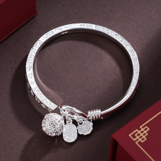 子佩集S999银【四方吉言】手镯【SZ008353】纯银吊球开口2412 商品图4