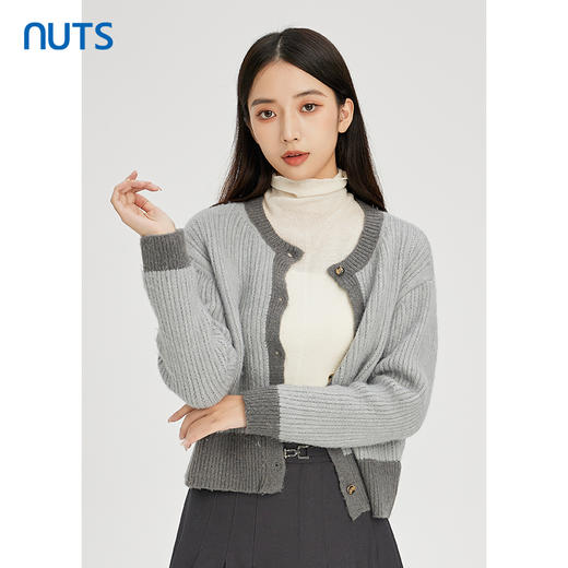 NUTS秋冬款灰色拼色百搭通勤直筒显瘦短款针织外套女241053247 商品图2