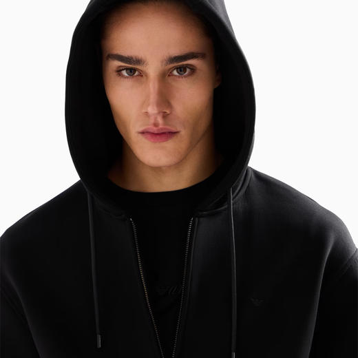 EMPORIO ARMANI 阿玛尼 男士莱赛尔平纹针织混纺连帽拉链卫衣 黑色 6D1M90 1JOTZ 0999 商品图2