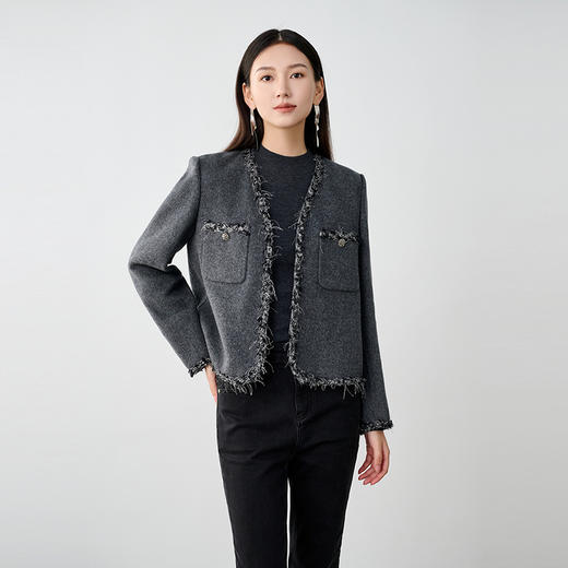 NEELLY纳俪商场同款冬新款小香风绵羊毛通勤短款灰色双面呢大衣女N24104N03307 商品图3