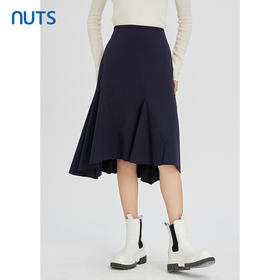 NUTS秋冬款复古气质深蓝色百搭高腰显瘦不规则长裙女241063302B