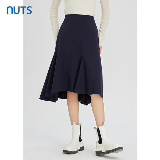 NUTS秋冬款复古气质深蓝色百搭高腰显瘦不规则长裙女241063302B 商品图0