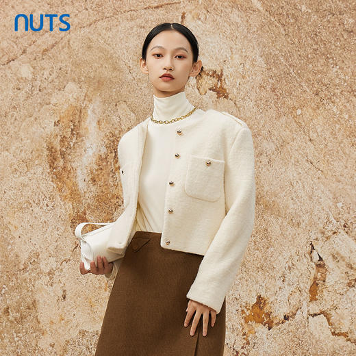 NUTS冬款白色气质百搭圆领直筒小香风高级感短款外套女342041069 商品图3