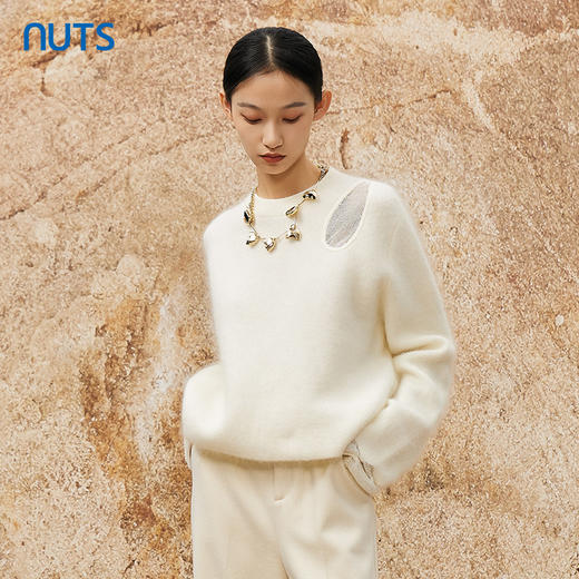 NUTS秋冬款米白色气质百搭软糯设计感蕾丝拼接针织衫女342052271 商品图2