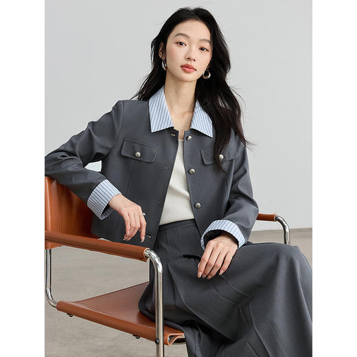 【1件6折】熙世界格雷系灰色通勤职场风套装女2025春秋翻领外套半身裙两件套 商品图2