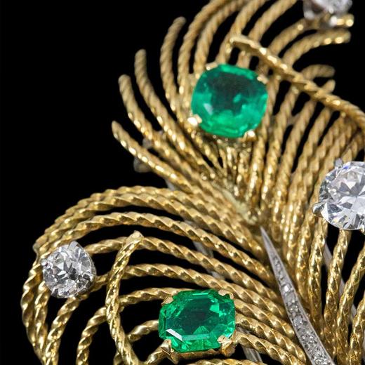 独角鹿西洋古董 1960年代欧洲出品羽毛造型18K黄金镶嵌哥伦比亚祖母绿及钻石胸针 商品图1