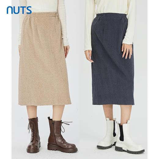 NUTS秋冬款复古简约气质松紧高腰直筒显瘦百搭长裙女241063364B 商品图0