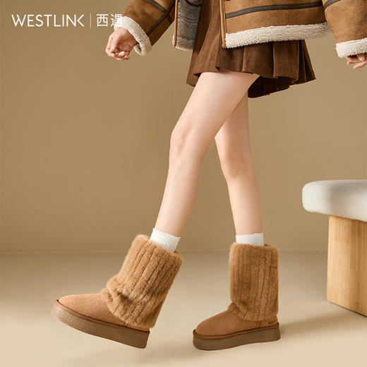 西遇毛毛雪地靴女新款冬季毛茸茸中长筒靴子厚底加绒保暖棉鞋V0047920 商品图2
