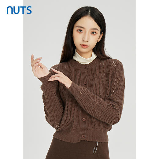 NUTS棕色气质百搭通勤圆领镂空短款针织外套女241053176 商品图0