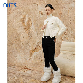 NUTS冬季白色薄款时尚气质格子圆领百搭短款棉衣外套女341081102