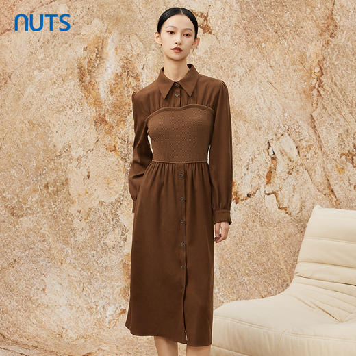 NUTS秋冬款复古气质时尚针织拼接修身衬衫长袖连衣裙女341101090 商品图1