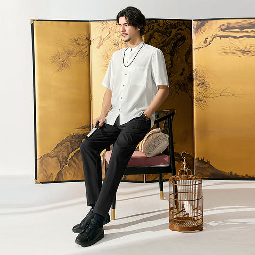 【中华立领】柒牌短袖衬衫男士2025夏季薄款满印国潮立领休闲衬衣128A70130 商品图4