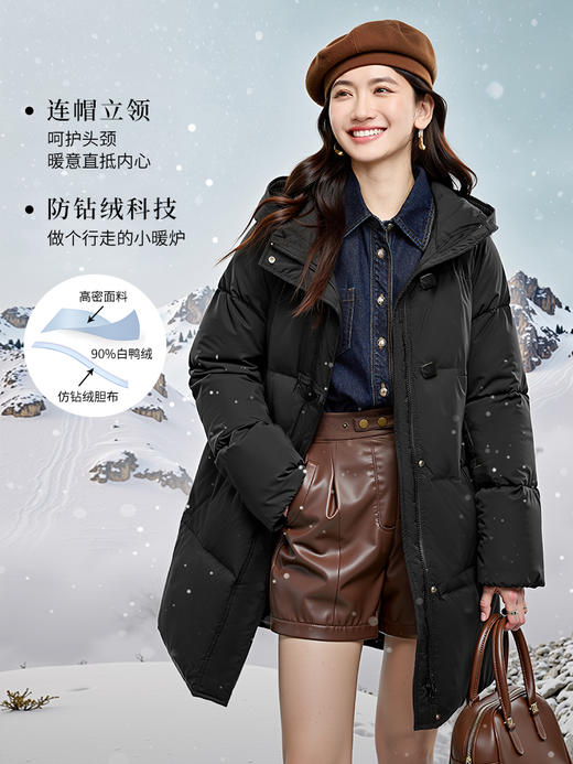 【年终特卖】熙世界女士羽绒服冬季中长款2025年新款时尚黑色显瘦连帽鸭绒外套 商品图1