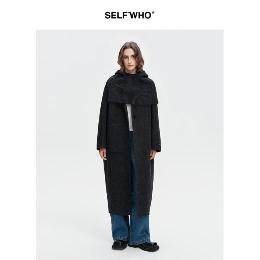 SELFWHO绵羊毛桑蚕丝毛呢大衣女2024秋冬圆领宽松可拆卸围脖外套 商品图0