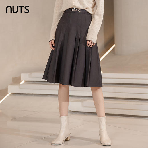NUTS秋冬款高腰设计感气质A字遮肉显瘦百褶中长裙女241063060B 商品图4