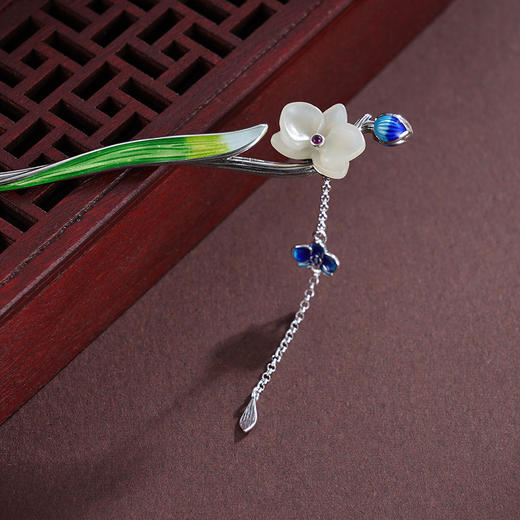 子佩集S925银【锦绣芳菲】发簪【TS00095】纯银仿古珐琅彩和田玉2412 商品图4