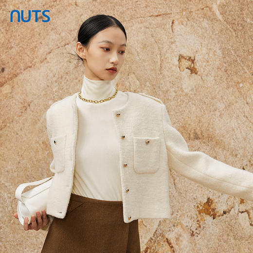 NUTS冬款白色气质百搭圆领直筒小香风高级感短款外套女342041069 商品图2