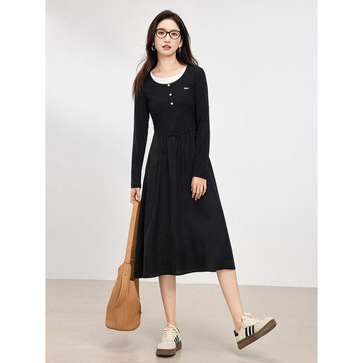 【专属特价】熙世界长绒棉拼接莱赛尔黑色连衣裙女长袖收腰显瘦长裙子2025春秋 商品图3