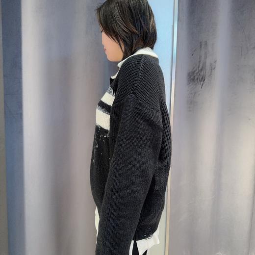 NZ3翻领拼色条纹甩点长袖毛织衫（黑） 冬季 144130030321 商品图2