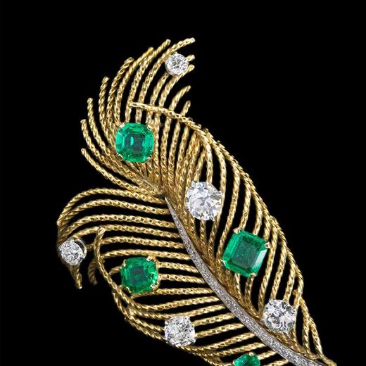 独角鹿西洋古董 1960年代欧洲出品羽毛造型18K黄金镶嵌哥伦比亚祖母绿及钻石胸针 商品图2