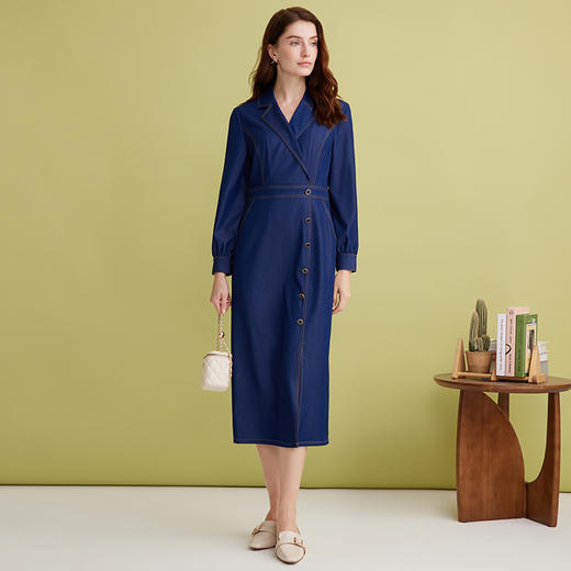 EITIE爱特爱气质翻领复古牛仔收腰开叉设计感连衣裙春季新款A2507531 商品图1