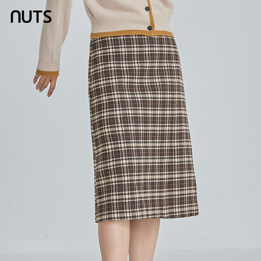 NUTS秋冬款复古气质高腰直筒显瘦格子中长款半身裙女241063286B 商品图1