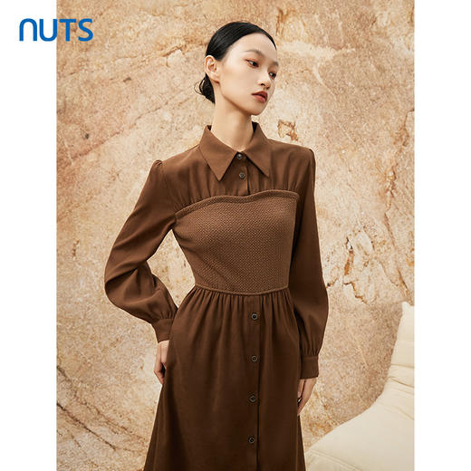 NUTS秋冬款复古气质时尚针织拼接修身衬衫长袖连衣裙女341101090 商品图2