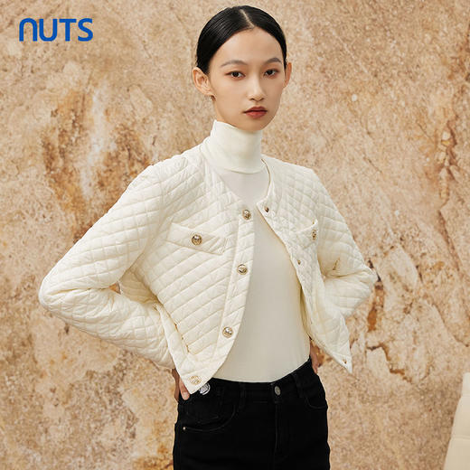 NUTS冬季白色薄款时尚气质格子圆领百搭短款棉衣外套女341081102 商品图2