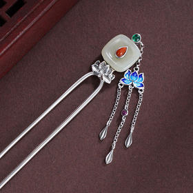 子佩集S925银【羡莲清韵】发簪【TS00094】纯银仿古珐琅彩和田玉2412