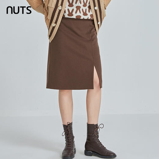 NUTS秋冬款棕色时尚通勤气质开叉直筒中长款半身裙女241063043B 商品图1