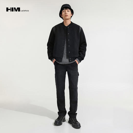 HIM漢崇  轻暖间棉棒球领夹克男复合软皮拼接夹棉毛呢外套2025冬季 商品图1
