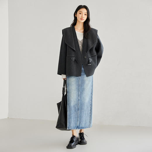 IC 百搭舒适休闲撞色米粒绣双面呢大衣外套女新款高级感上衣 商品图3