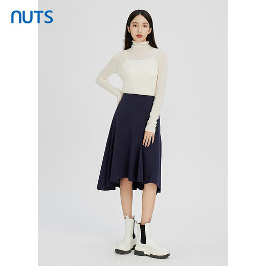NUTS秋冬款复古气质深蓝色百搭高腰显瘦不规则长裙女241063302B 商品图2