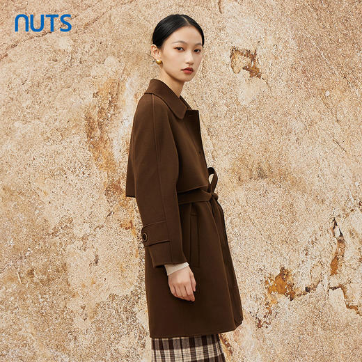 NUTS冬季咖色复古气质通勤收腰双面毛呢大衣中款外套女341152160 商品图0