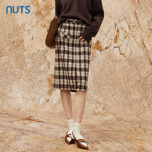 NUTS气质时尚百搭高腰复古直筒格子中款半身裙女341062276 商品图0