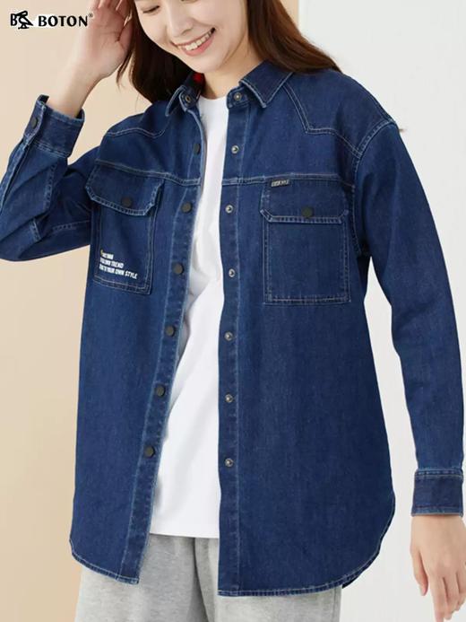 【棉弹柔软】波顿女士春秋季宽松休闲长款牛仔长袖衬衫LS927123 商品图1