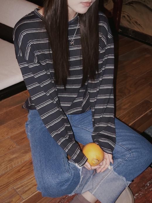 顺丰包邮洛诗琳35013叠穿外穿好帮手~汉麻莱赛尔黑条纹宽松T恤女815 商品图0