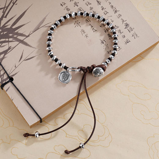 子佩集S925银【吉运连连】手链【SL-135】纯银仿古黑绳2412 商品图2