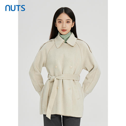 NUTS纯色翻领气质百搭收腰显瘦双排扣中款外套女241042401 商品图0