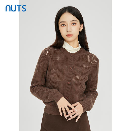NUTS棕色气质百搭通勤圆领镂空短款针织外套女241053176 商品图1