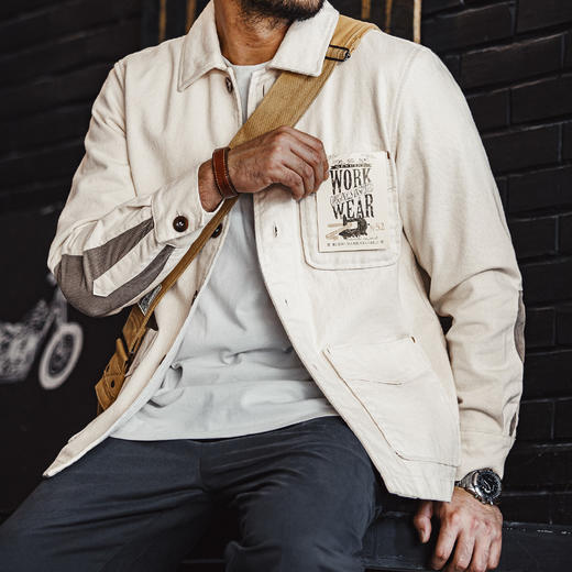 工装优选法式复古重磅棉籽壳夹克斜纹纯棉翻领灯芯绒拼接外套男秋 商品图0