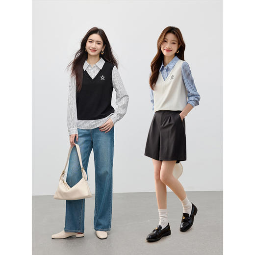 【年终特卖】熙世界学院风假两件条纹衬衫领卫衣女套头休闲显瘦上衣2025春新款 商品图1