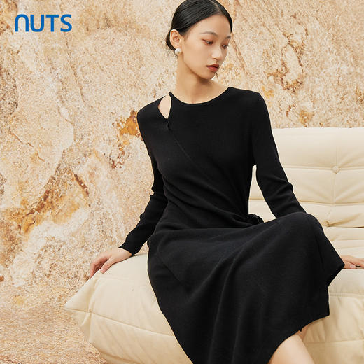 NUTS黑色气质显瘦百搭设计感高腰修身毛织连衣裙女341102078 商品图0