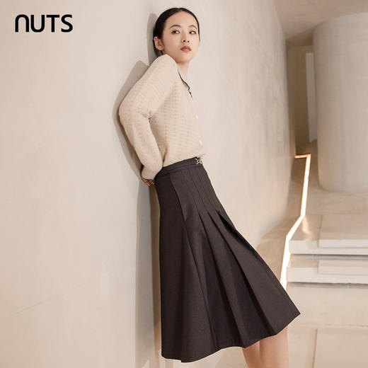 NUTS秋冬款高腰设计感气质A字遮肉显瘦百褶中长裙女241063060B 商品图2