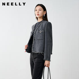 NEELLY纳俪商场同款冬新款小香风绵羊毛通勤短款灰色双面呢大衣女N24104N03307