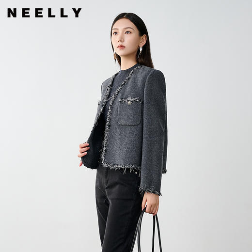 NEELLY纳俪商场同款冬新款小香风绵羊毛通勤短款灰色双面呢大衣女N24104N03307 商品图0