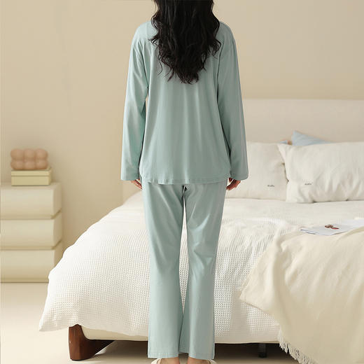 雅黛丽女士睡衣带胸垫一体春秋季长袖长裤简约休闲大码家居服套装 商品图5