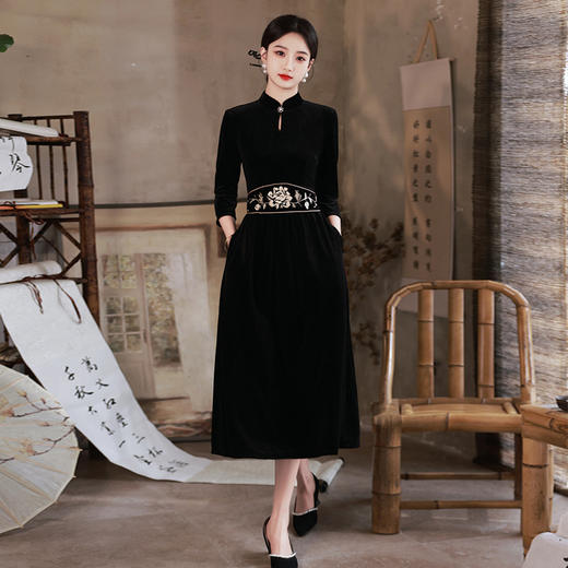 复古中国风中式旗袍改良版黑色年轻款修身七分袖旗袍ZQ&SC17700 商品图0