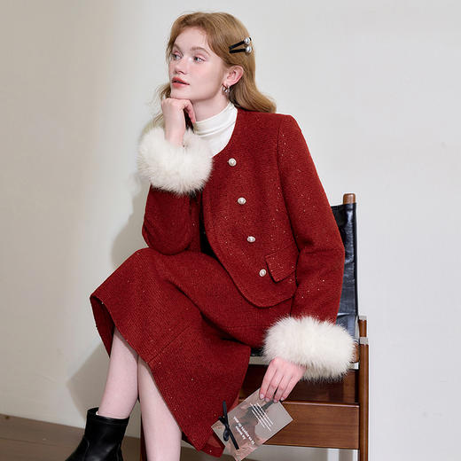 西遇名媛小香风外套套装女冬季新款元旦新红色系半身裙两件套D0044071 商品图2